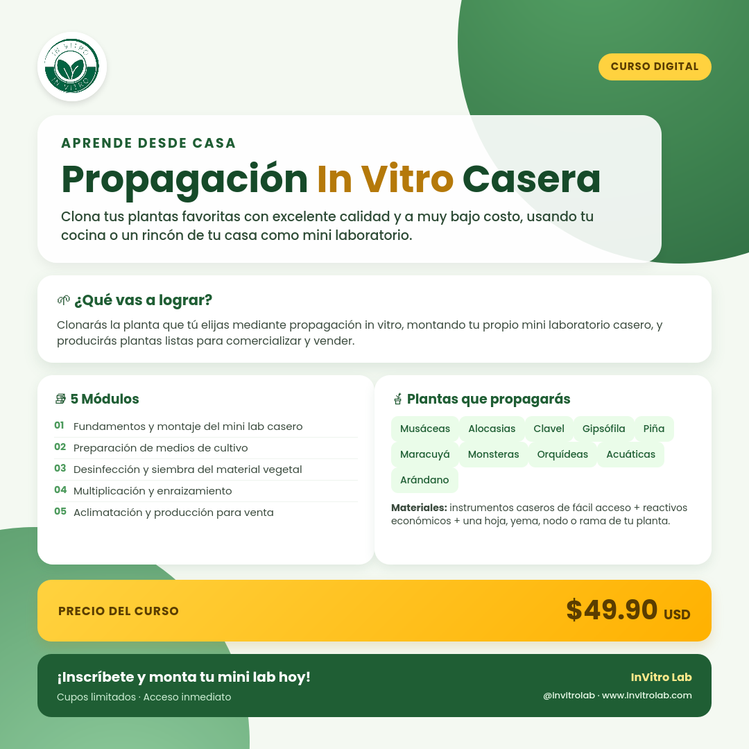 Brochure del curso Propagación In Vitro Casera — resumen de módulos, plantas a propagar y precio.